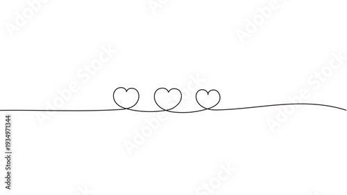 一筆書きのハートの線画。一本の黒い糸が3つの小さなハートを紡ぐデザイン。家族愛や絆、友情を表現したシンボル背景。編集可能なベクター素材