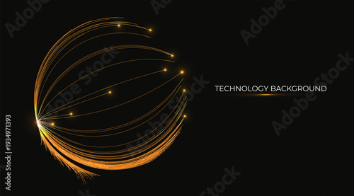 Futuristic Fiber Optic threads elegantly form a circle of multiple pulsing light lines, orbiting like a cosmic galaxy in a glowing bright Orange universe. Sleek futuristic tech concept. Wavelengths	