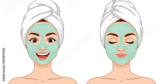 Woman applying facial mask with towel on head, skincare beauty routine female portrait isolated on white background vector illustration