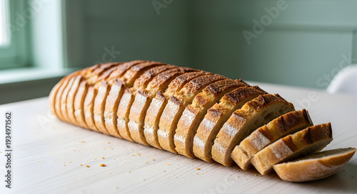 A close up shot of a perfectly sliced loaf of golden brown artisanal bread with crumbs on a white wooden background