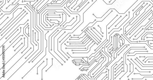 Fotografía Black electronic circuit board lines and nodes with circles on a white background