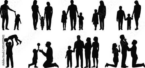 Adult child interaction silhouette illustration, family bonding caregiving support activities concept, parenting lifestyle artwork, CAD drawing flat vector illustration