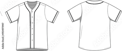 Baseball jersey technical drawing illustration, sports apparel design, front back view garment construction outline, CAD drawing flat vector illustration