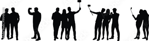 Group selfie silhouette illustration, people taking photos together, smartphone technology lifestyle, social bonding concept, CAD drawing flat vector illustration