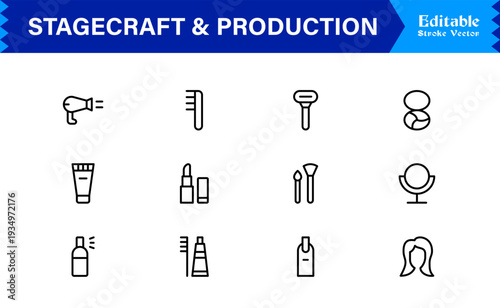 Stagecraft And Production line icon set – Professional, minimal, and modern collection of pixel-perfect illustrations for theater, events, lighting, and backstage themes