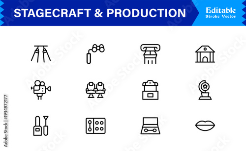 Stagecraft And Production line icon set – Professional, minimal, and modern collection of pixel-perfect illustrations for theater, events, lighting, and backstage themes