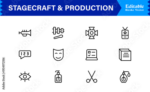 Stagecraft And Production line icon set – Professional, minimal, and modern collection of pixel-perfect illustrations for theater, events, lighting, and backstage themes