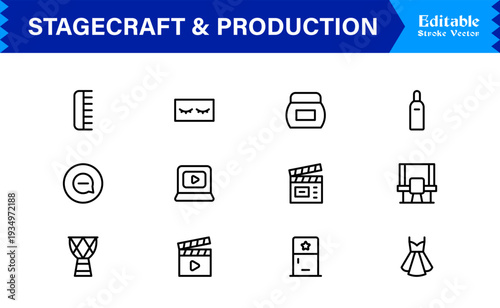 Stagecraft And Production line icon set – Professional, minimal, and modern collection of pixel-perfect illustrations for theater, events, lighting, and backstage themes