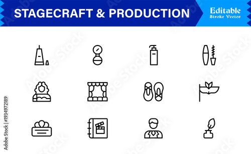Stagecraft And Production line icon set – Professional, minimal, and modern collection of pixel-perfect illustrations for theater, events, lighting, and backstage themes