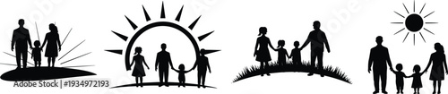 Family unity silhouette illustration, parents and children outdoors, sunrise sunset background, togetherness concept, nature scene, CAD drawing flat vector illustration