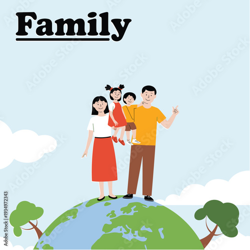 Happy family standing on globe silhouette, unity love vector, CAD drawing flat illustration, minimalistic design, global togetherness symbol art