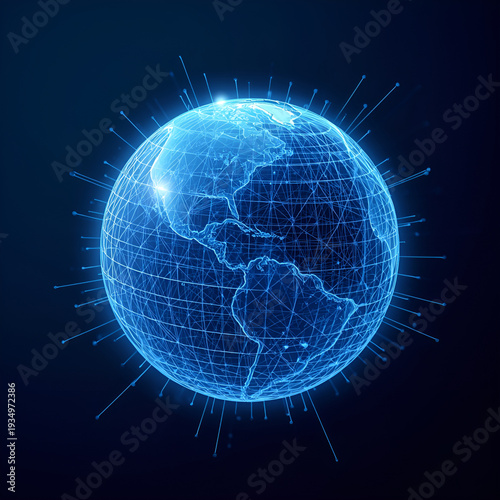Futuristic holographic globe with glowing cyber network connections, symbolizing global data intelligence, AI analytics, and digital business transformation.