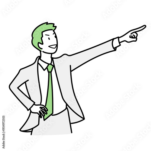 遠くを指差して目標やビジョンを示す男性ビジネスマン｜未来への展望やサービス案内を強調するビジネスイラスト素材