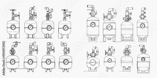 Industrial water filter tanks and pressure vessels, detailed engineering blueprint sketches for purification systems.