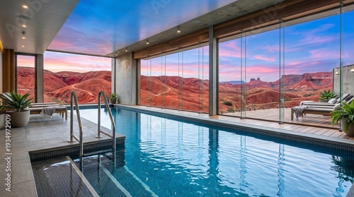 Modern Luxury Indoor Swimming Pool with Panoramic Desert Mountain View and Floor to Ceiling Windows