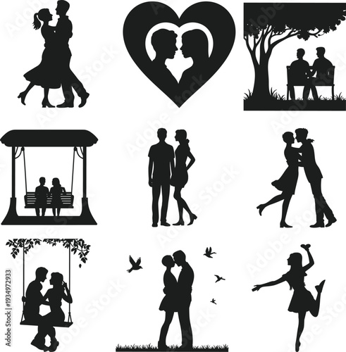 Romantic couples silhouette poses, love unity vector, CAD drawing flat illustration, minimalistic design, affection symbol art, companionship decorative design