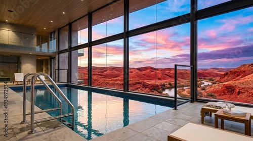 Luxury Indoor Pool with Panoramic Desert Canyon View at Sunset, Modern Resort Spa Interior