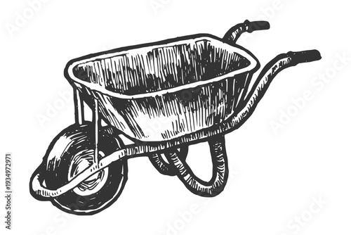 Wheelbarrow illustration. Hand drawn engraving vector style.