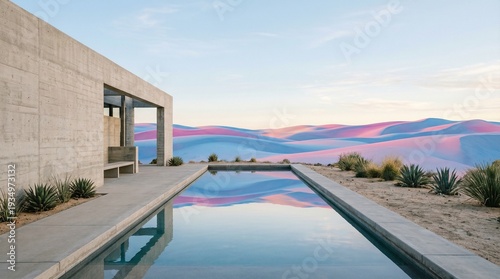 Luxury Modern Concrete House with Infinity Pool and Mountain View at Sunrise
