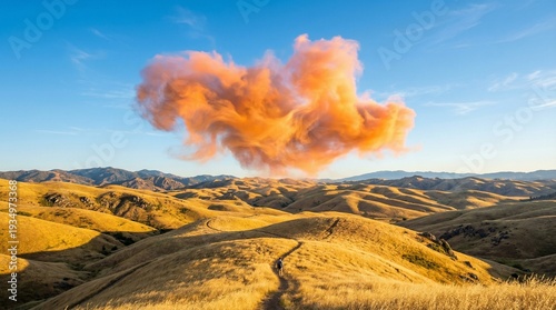 Dramatic Explosion Cloud Over Rolling Hills Landscape, Surreal Orange Smoke in Scenic Countryside