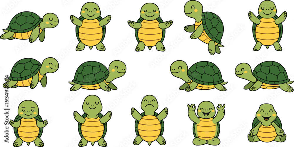 Fototapeta premium Set of Cute Cartoon Turtles with Various Poses and Expressions for Fun Designs