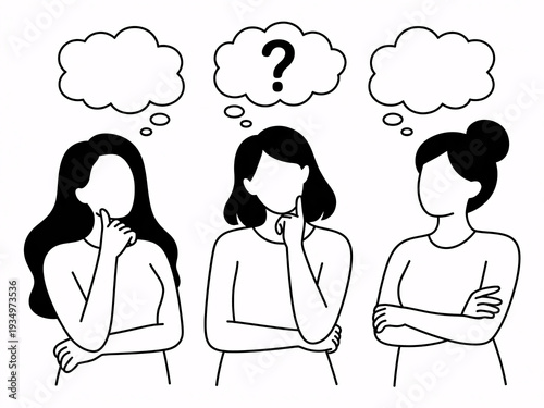 Three women thinking deeply with thought bubbles