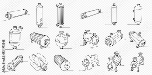 Continuous line drawing of various industrial heat exchangers, pumps, and filters for chemical and oil industries.