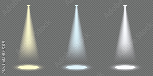 Realistic Stage Spotlight Beams Set on Transparent Background, White and Warm Light Effect