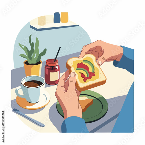 Healthy breakfast: hands preparing avocado toast with jam and coffee