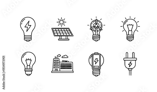 Editable Outline Electricity Power Generation Light Bulb Icon Set Thin Line Vector Energy Symbols on White