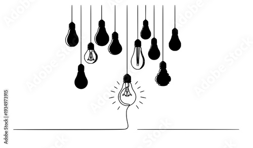 Decorative Multicolor Hanging Light Bulb Vector Continuous Line Idea Innovation Concept on White