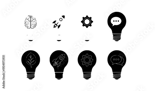 Light Bulb Icon Set Flat and Silhouette Vector Collection for Innovation Concept Isolated on WhiteLight Bulb Icon Set Flat and Silhouette Vector Collection for Innovation Concept Isolated on White