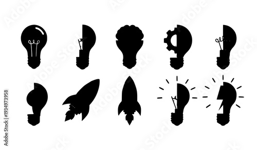 Creative Light Bulb Icon Set Flat Vector Collection for Ideas Innovation Isolated on White Background