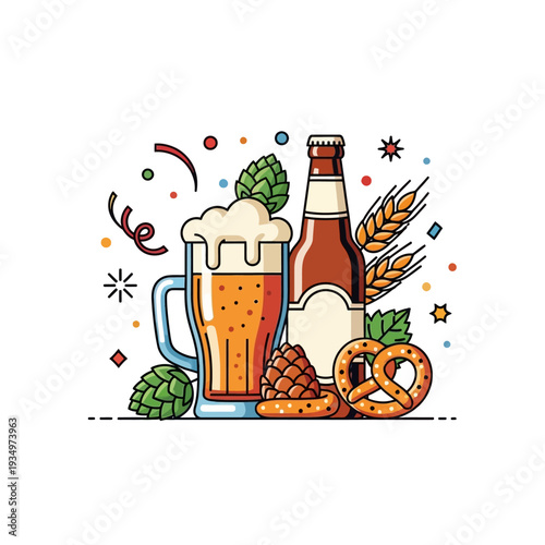 Oktoberfest beer mug, bottle, pretzel, hops, and wheat ears with confetti