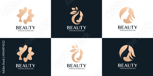 Set of beauty feminine woman hairstyle silhouette logo design