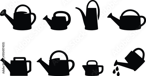 Black silhouettes of various watering cans white background garden
