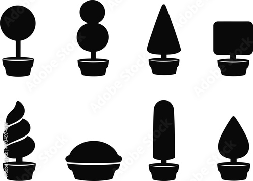 Black silhouettes of variously shaped topiaries in pots topiary white background