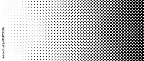 Square halftone gradient texture. Fading checkered gradation wallpaper. Black and white squared pixel background. Abstract vanishing comic pop art backdrop. Vector repeated check raster effect overlay