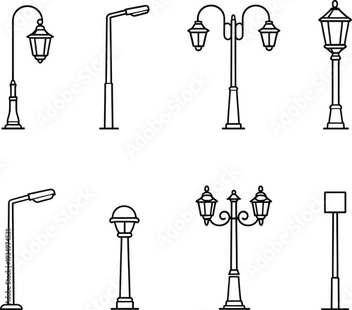 Schilderij op canvas Black and white line of various street lamps lamp posts line urban lighting outd