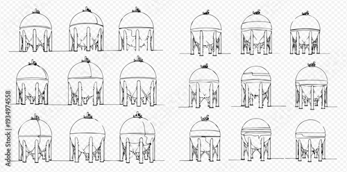 Set of continuous line drawings of various industrial storage tanks, showcasing different designs and perspectives.