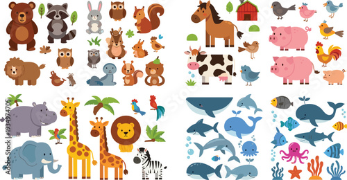 Set of Cute Animal Illustrations Including Wild and Farm Animals for Kids and Education