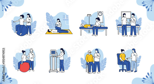 Set of Physiotherapy and Rehabilitation Illustrations with Exercises, Equipment, and Patient Care