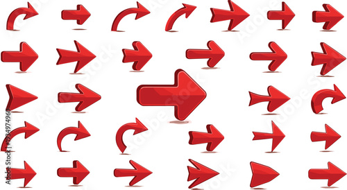 Set of Red 3D Arrows in Different Directions for Navigation and Directional Designs