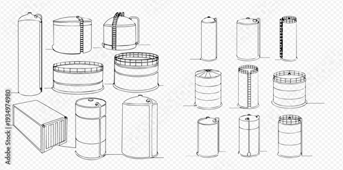 Industrial storage tanks and containers outline vector set for chemical, oil, and water storage.