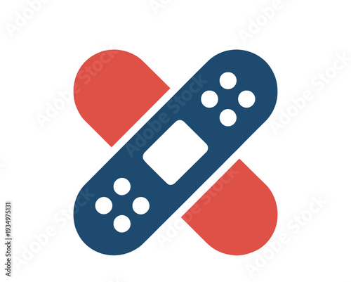 Two red and blue medical band aids crossed together on a clean white background