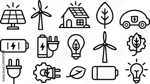 Eco-Friendly Innovations: A collection of clean energy icons that encapsulate the vision of a sustainable future.