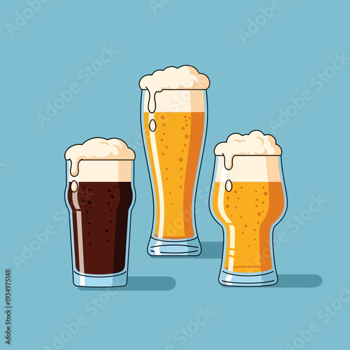 Three glasses of beer: dark stout and two light lagers with foam, isolated on blue background