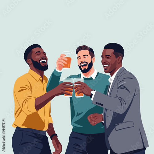 Three happy men toasting with beer, celebrating friendship and success
