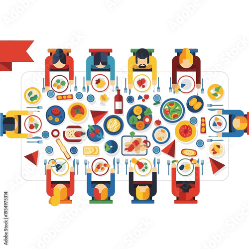 Top view of people dining together at a long table, enjoying a feast with various dishes.