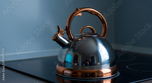A shiny metallic tea kettle steaming on an induction cooktop in a dark blue kitchen